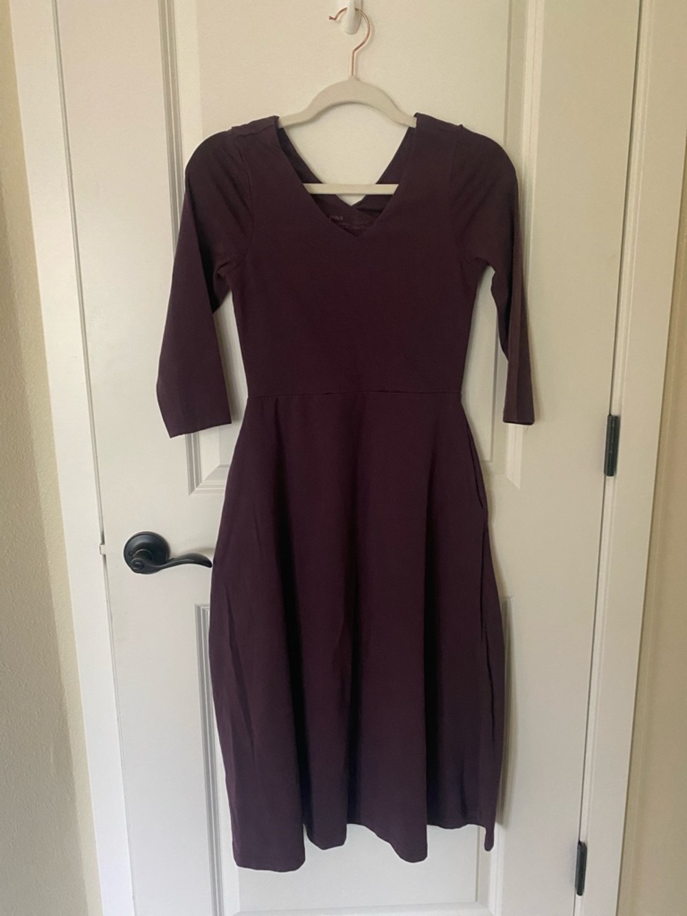 Pact Classic V-Neck Long Sleeve Midi Dress in Deep Plum
